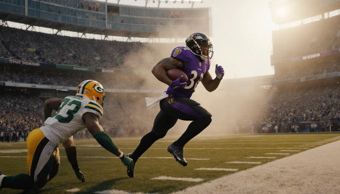 Derrick Henry rushing through a defender toward the end zone with golden hour glow and blurred stadium background.