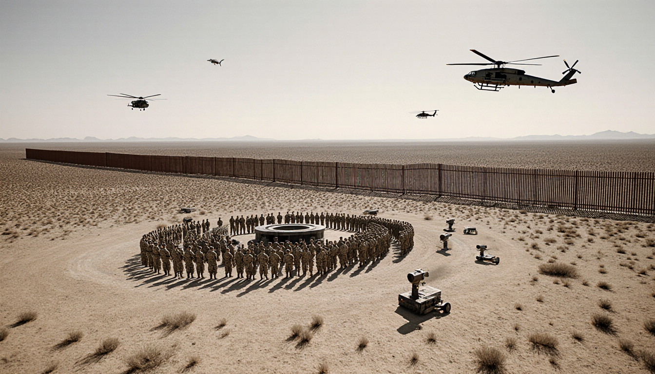 Troops cluster around a command center with helicopters hovering overhead and surveillance cameras dotted across the border