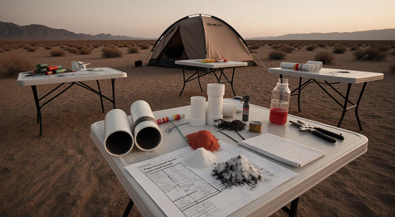 Desert campsite with plastic folding tables scattered with bomb‑making materials and makeshift laboratory tools