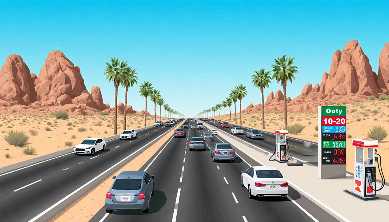 Traffic jam on desert highway merging into one lane with palm trees rocky outcrops and gas pumps showing fuel price rise.