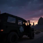 Lone figure in black tactical gear peering out from rear window of abandoned dark SUV with desert rocks and dusk indigo sky