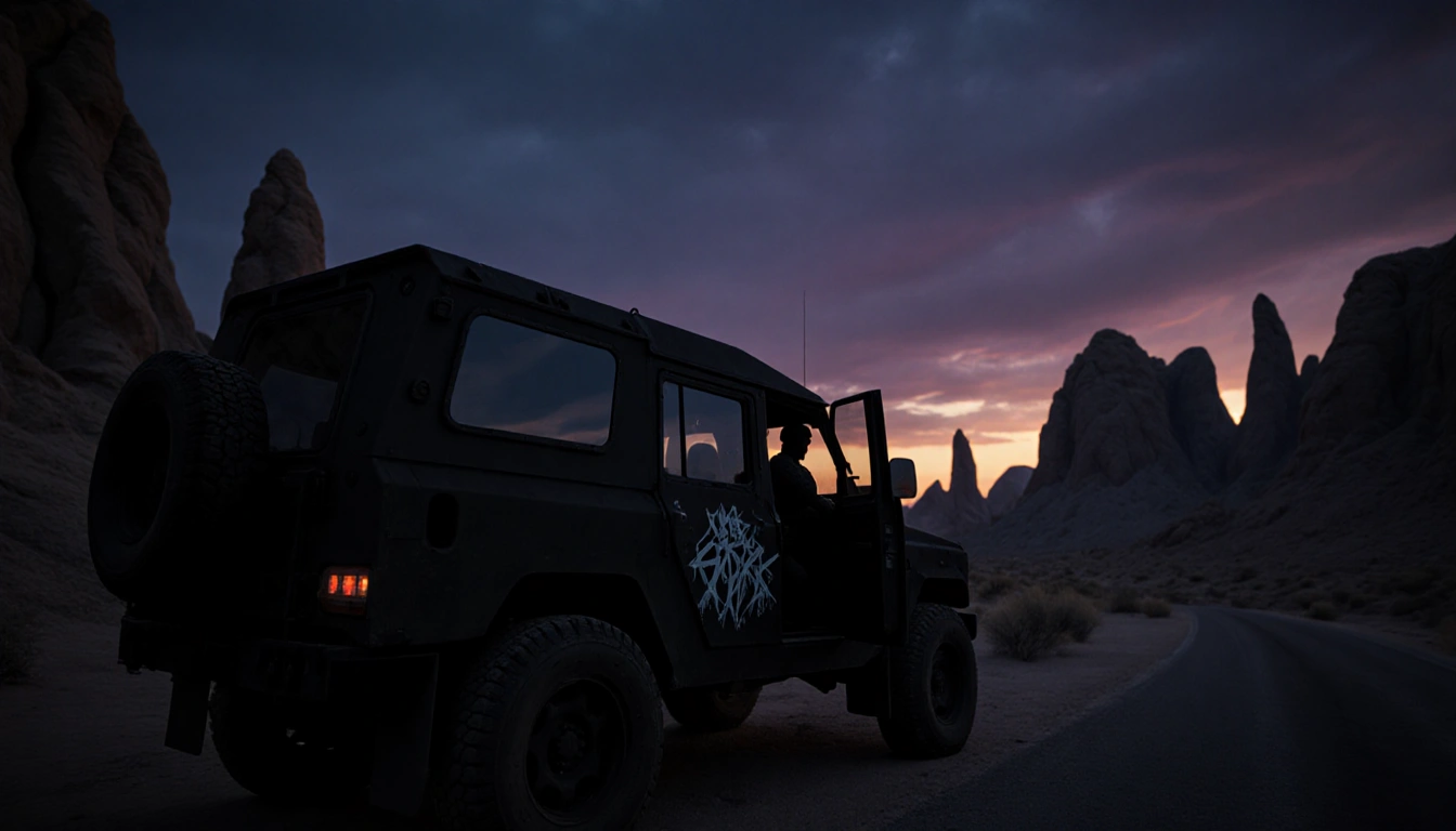 Lone figure in black tactical gear peering out from rear window of abandoned dark SUV with desert rocks and dusk indigo sky