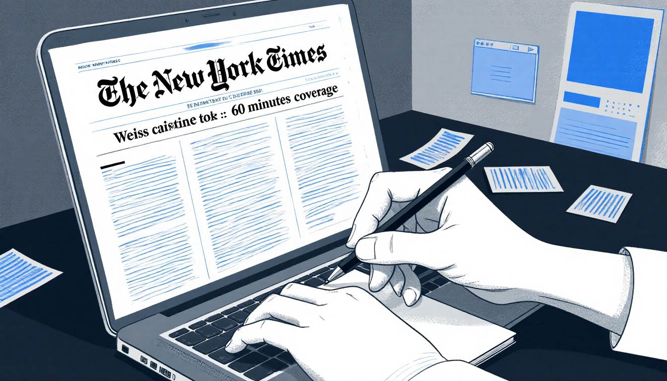 Weiss's hands poised over a laptop showing a 60 Minutes headline with newspaper clippings.