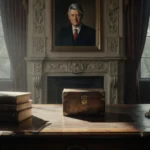 Small locked box resting on wooden desk with flickering candle and leather books