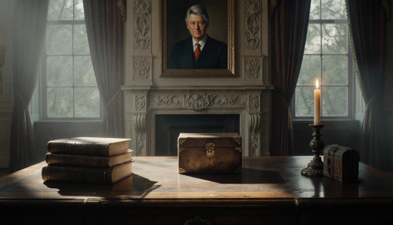 Small locked box resting on wooden desk with flickering candle and leather books