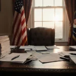 Desk holding stacks of government documents and pens with faded American flag in background and sunset glow.