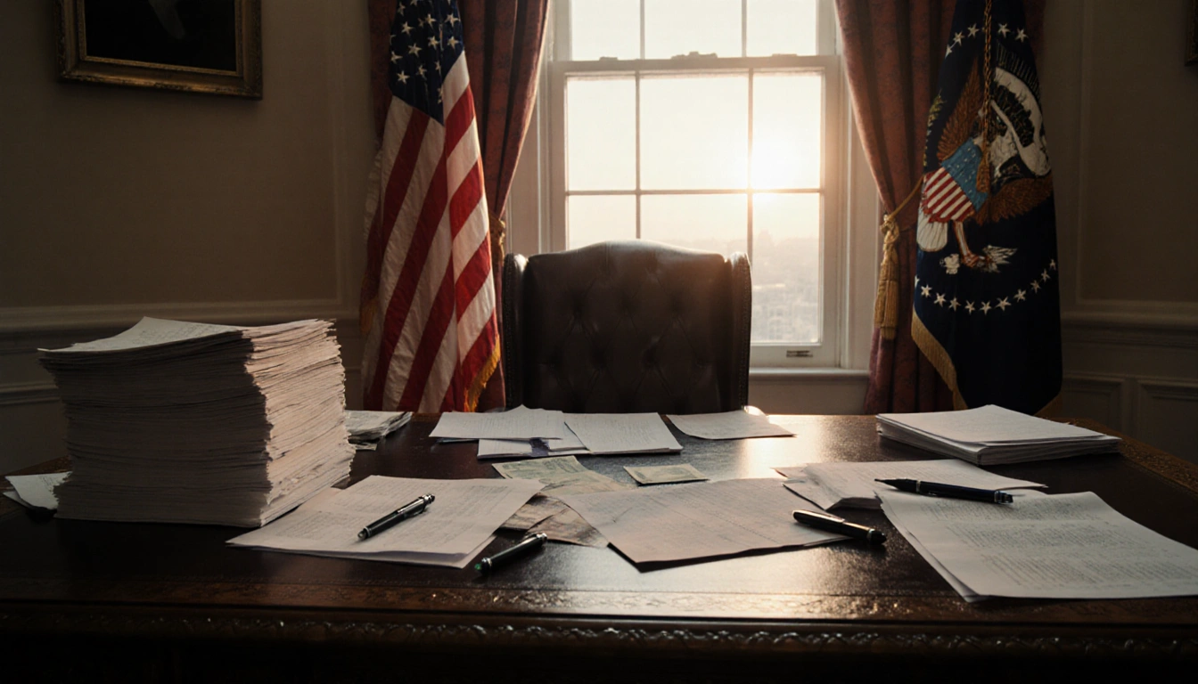 Desk holding stacks of government documents and pens with faded American flag in background and sunset glow.