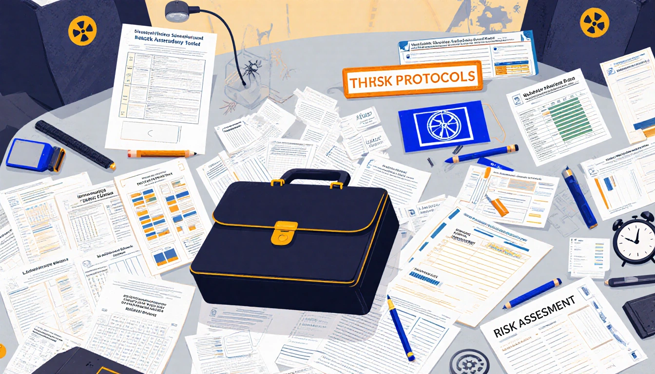 Desk displays risk assessment tools and a briefcase with subtle nuclear and phishing hints in background.