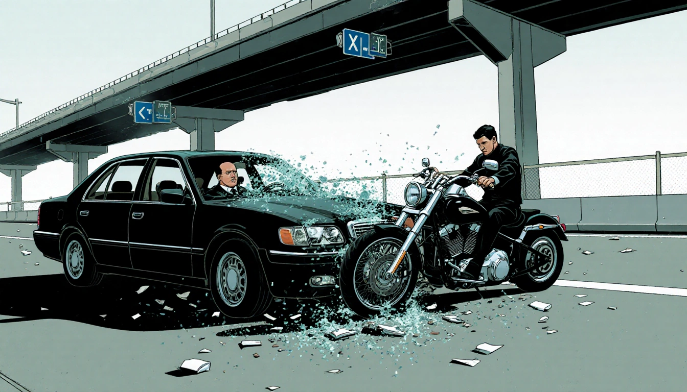 Detective Shaun Wallen clipping the suspect's motorcycle with debris and shattered glass scattered around