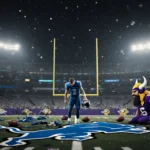 Matthew Stafford standing alone with helmet in hand looking at shattered Detroit Lions logo in a dim NFL stadium on Christmas