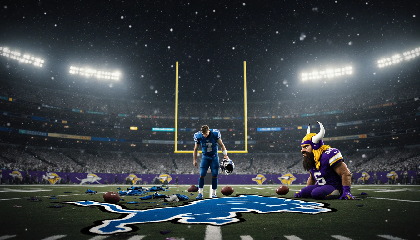 Matthew Stafford standing alone with helmet in hand looking at shattered Detroit Lions logo in a dim NFL stadium on Christmas