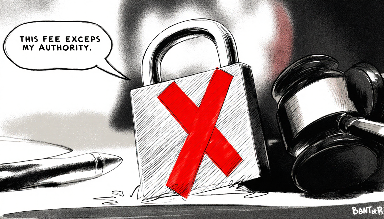 Red X cuts through padlock with faint lines while a blurred gavel sits on desk and a speech bubble says fee overreach.