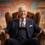Dick Van Dyke sits in a plush vintage armchair with a mischievous grin surrounded by nostalgic props from comedy shows.