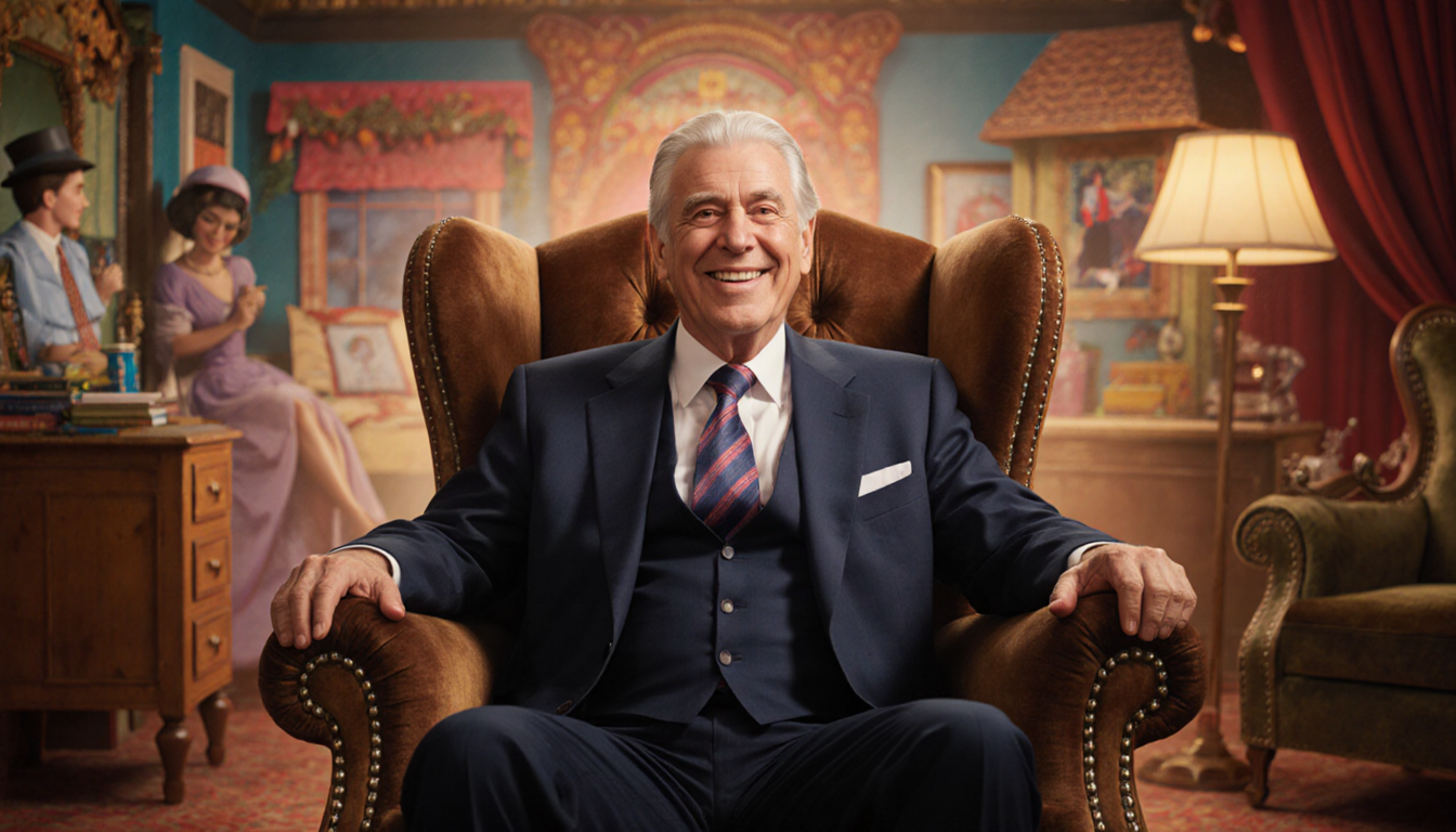 Dick Van Dyke sits in a plush vintage armchair with a mischievous grin surrounded by nostalgic props from comedy shows.