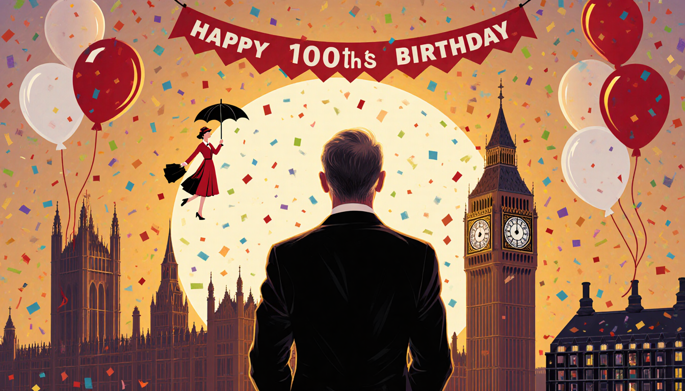 Dick Van Dyke stands against London skyline at sunset with Mary Poppins descending from sky and balloons in birthday colors