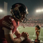 Diego Pavia sits atop his football helmet with stadium lights behind him reflecting a football field