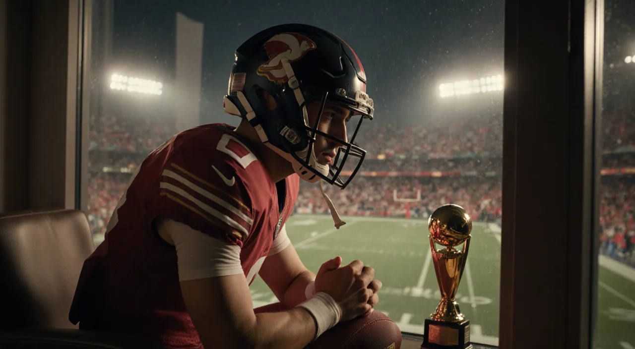 Diego Pavia sits atop his football helmet with stadium lights behind him reflecting a football field
