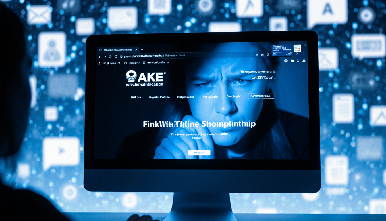 Holiday shopper staring at computer screen with fake online storefront and credit card slip under blue glow