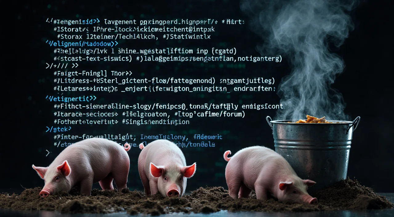 Digital screen showing chaotic slop of text with pigs rooting in it and a steaming stew bucket nearby