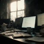 Laptop screen glowing with an open email thread with scattered papers and empty coffee cups nearby