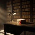 Desk lamp illuminating stack of yellowed files with dust and a faint red ink stain.