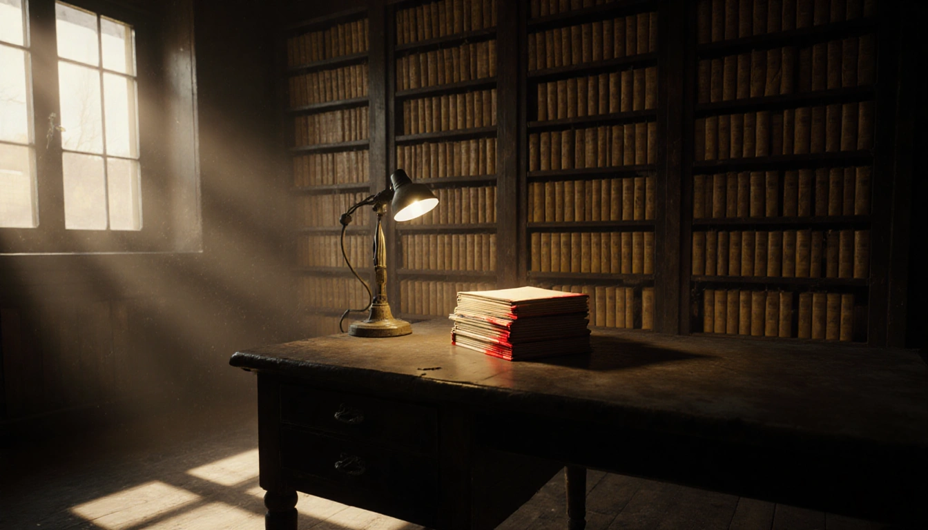 Desk lamp illuminating stack of yellowed files with dust and a faint red ink stain.