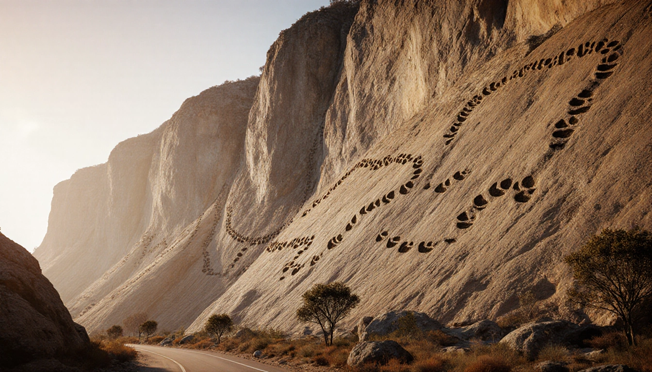 Massive ancient dinosaur footprints wind along cliff face with fading prints and a small path below.
