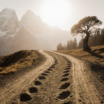 Dinosaur footprints stretch across Stelvio National Park with golden light and misty Alps.