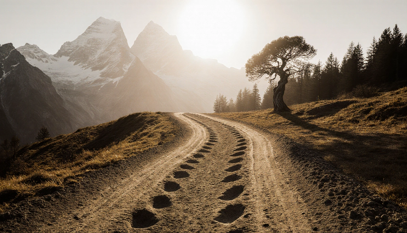 Dinosaur footprints stretch across Stelvio National Park with golden light and misty Alps.