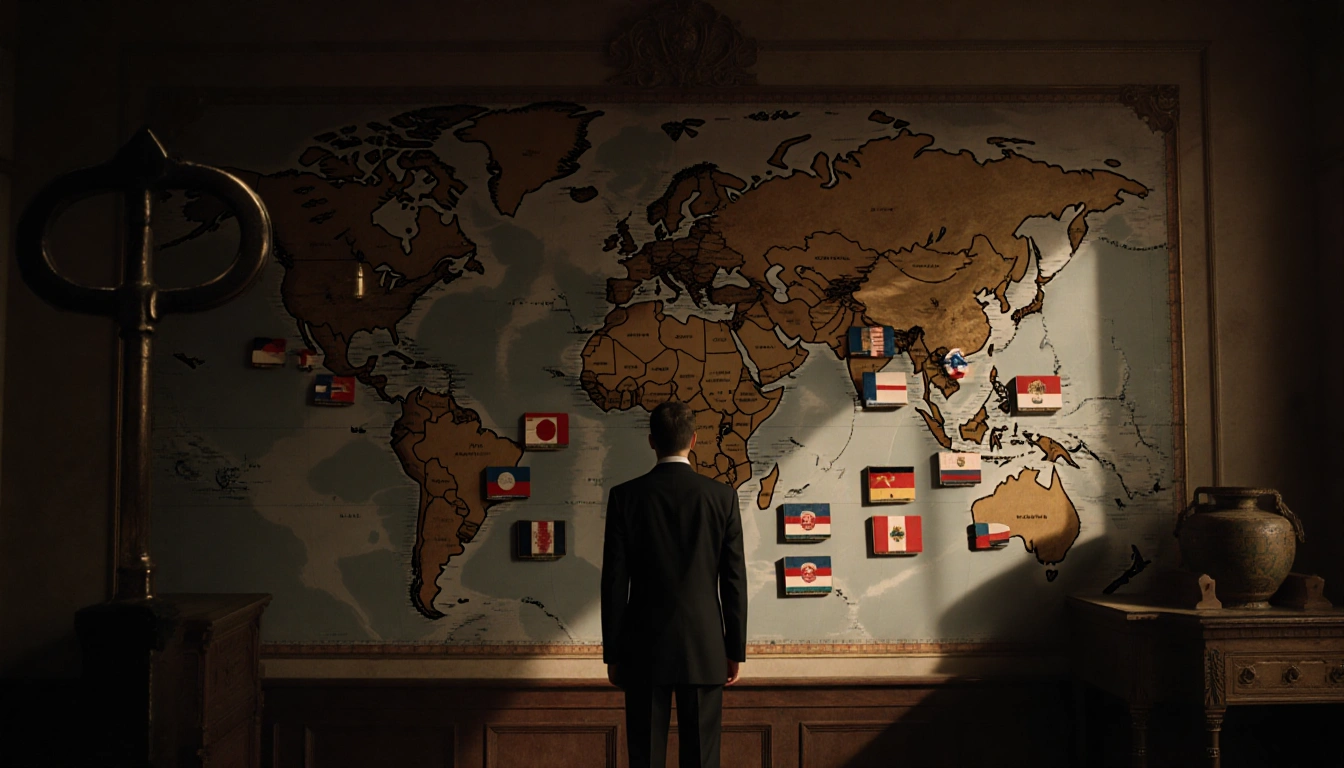 Suit-wearing figure standing beside a large keyring with faded world map and removed diplomat nameplates