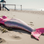 Mermaid costume lies in beach sand dune with pink tail stained by seaweed and playground outline