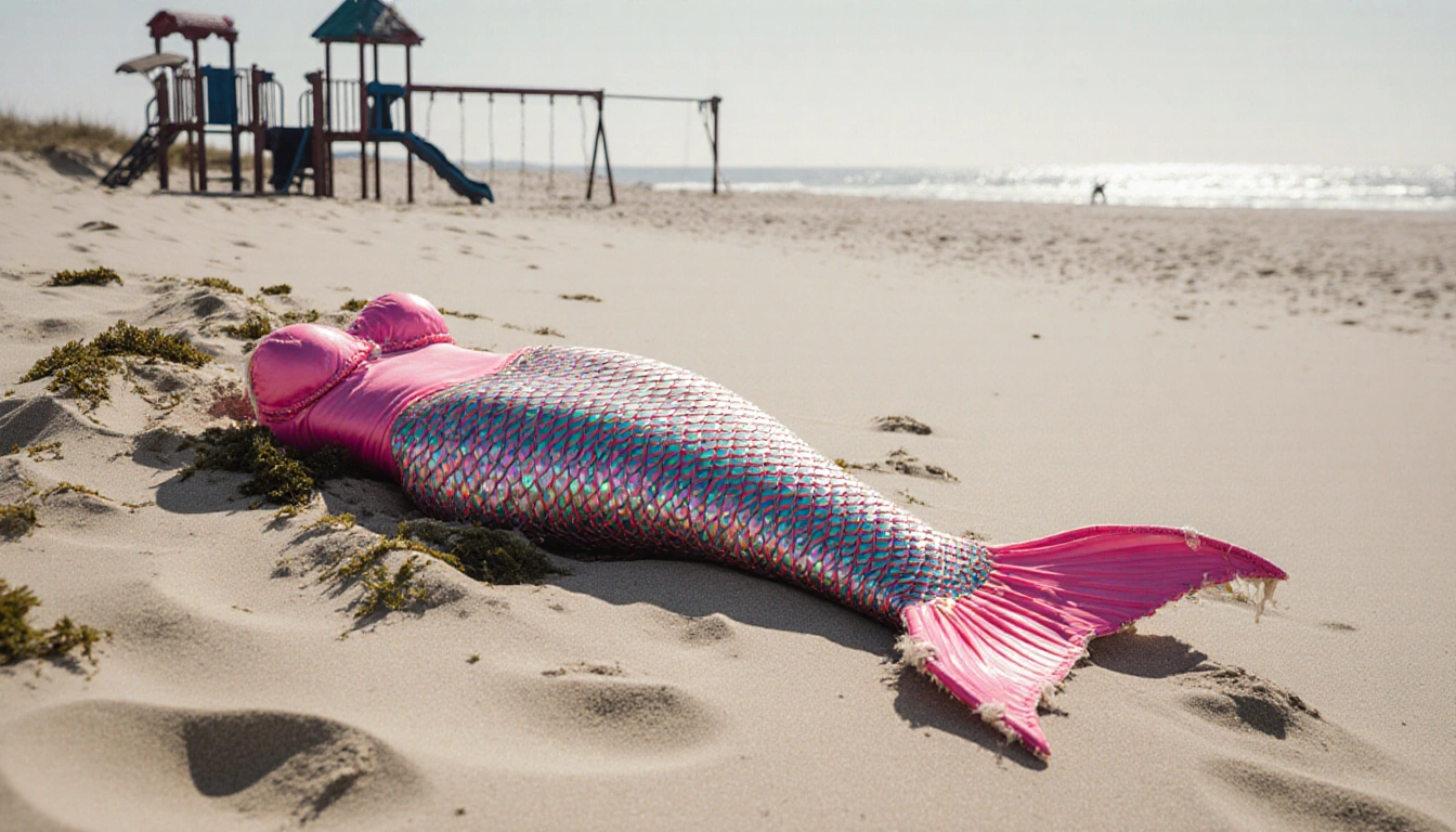 Mermaid costume lies in beach sand dune with pink tail stained by seaweed and playground outline