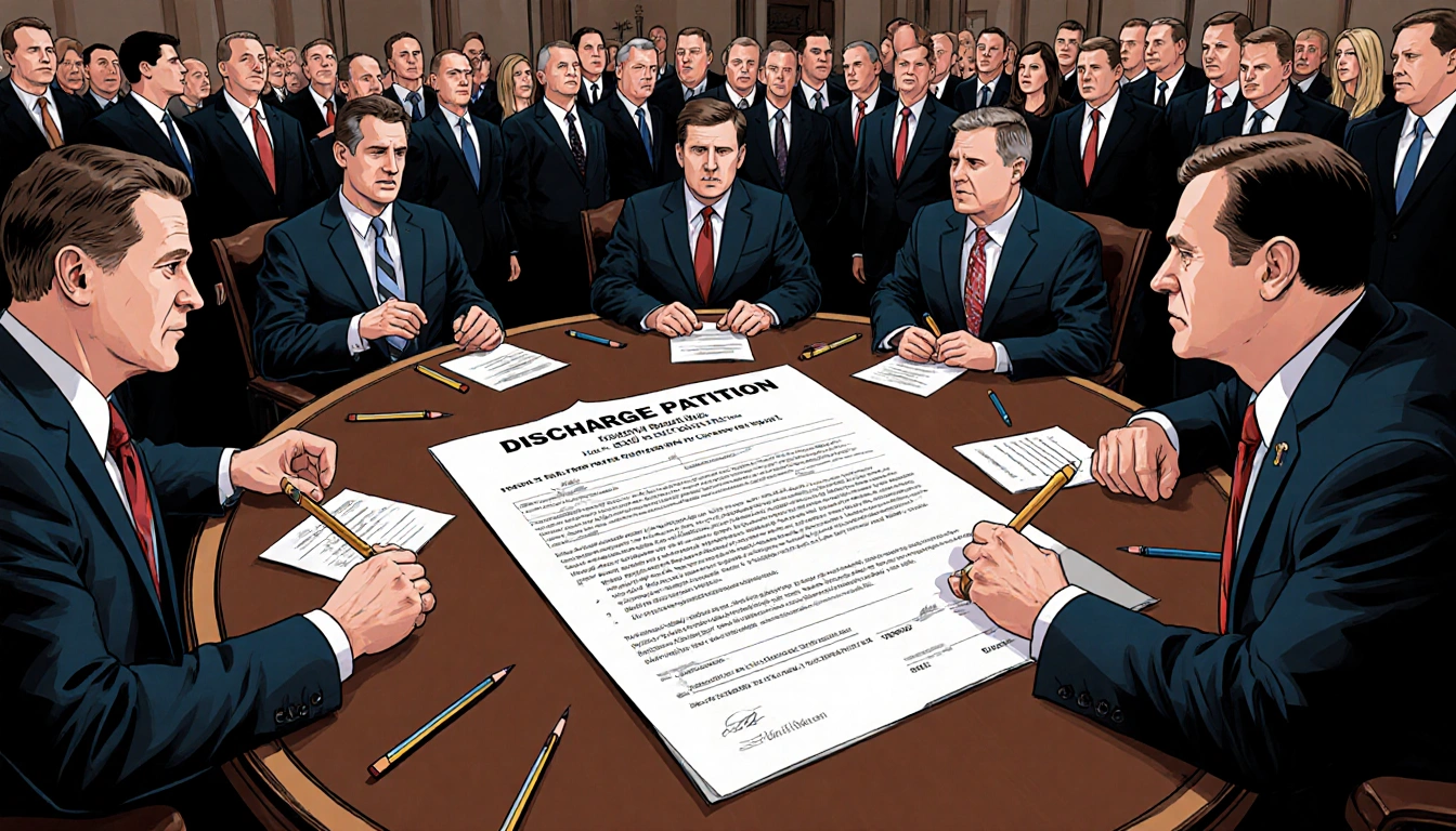 Four representatives heatedly discuss with discharge petition on wooden table while 214 Democrats watch chamber.