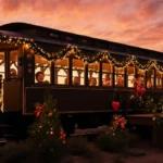 Children peek through glass windows of a holiday Disneyland train carriage with twinkling lights and a sunset backdrop