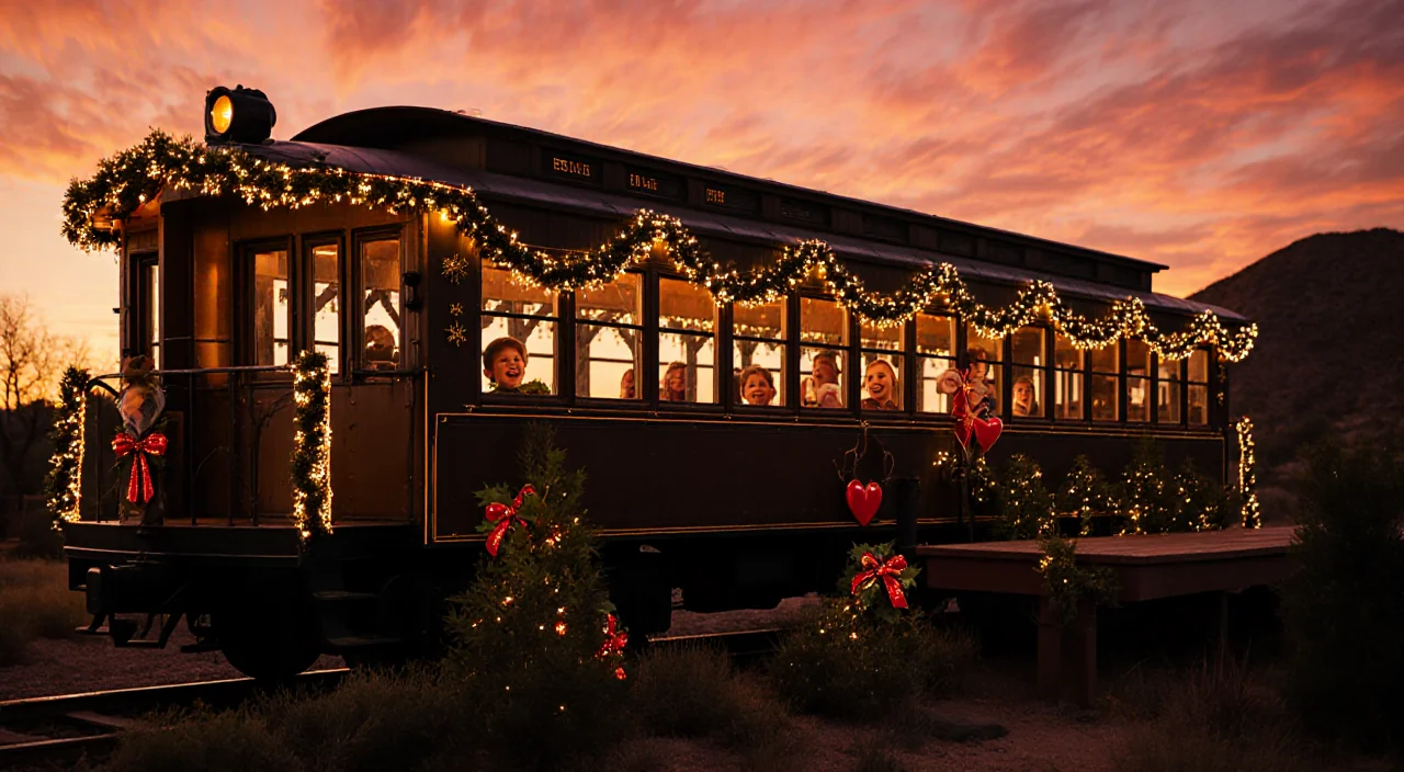 Children peek through glass windows of a holiday Disneyland train carriage with twinkling lights and a sunset backdrop