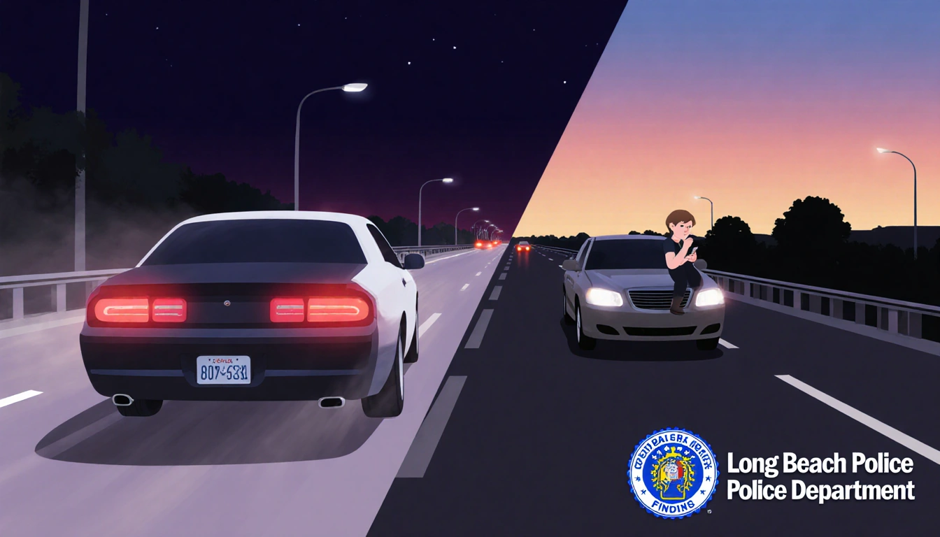 Speeding car racing at dusk with vivid taillights and license plate while a distracted driver drifts toward it with phone