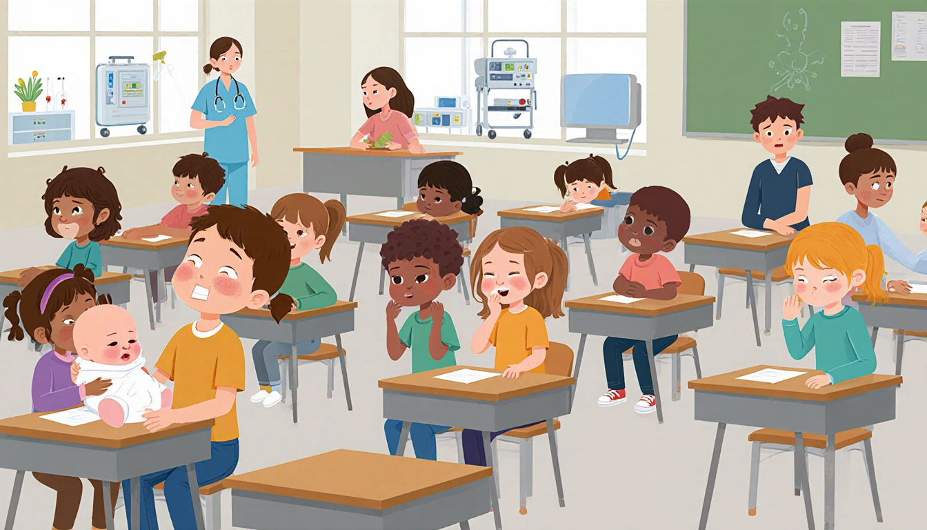 Children sit in a classroom with caregivers holding infants and hospital equipment visible through windows