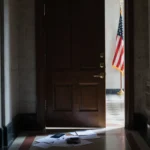 Wooden door revealing scattered passports and visa papers with faint crooked American flag in dim hallway.