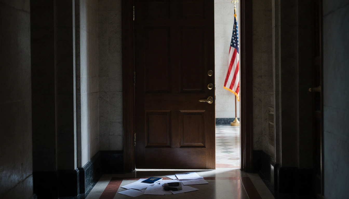 Wooden door revealing scattered passports and visa papers with faint crooked American flag in dim hallway.