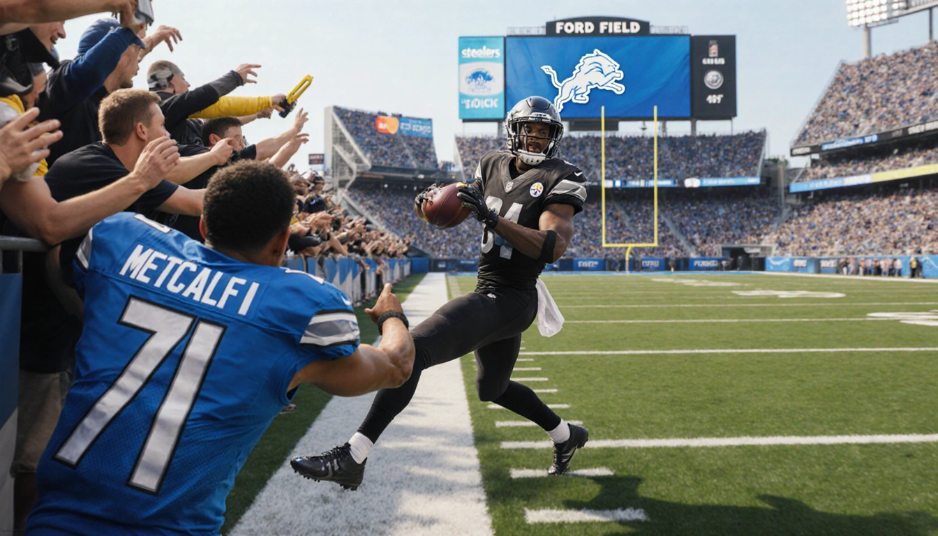 DK Metcalf swinging with a Detroit fan reaching out off the field at Ford Field NFL sideline clash blurred motion tense