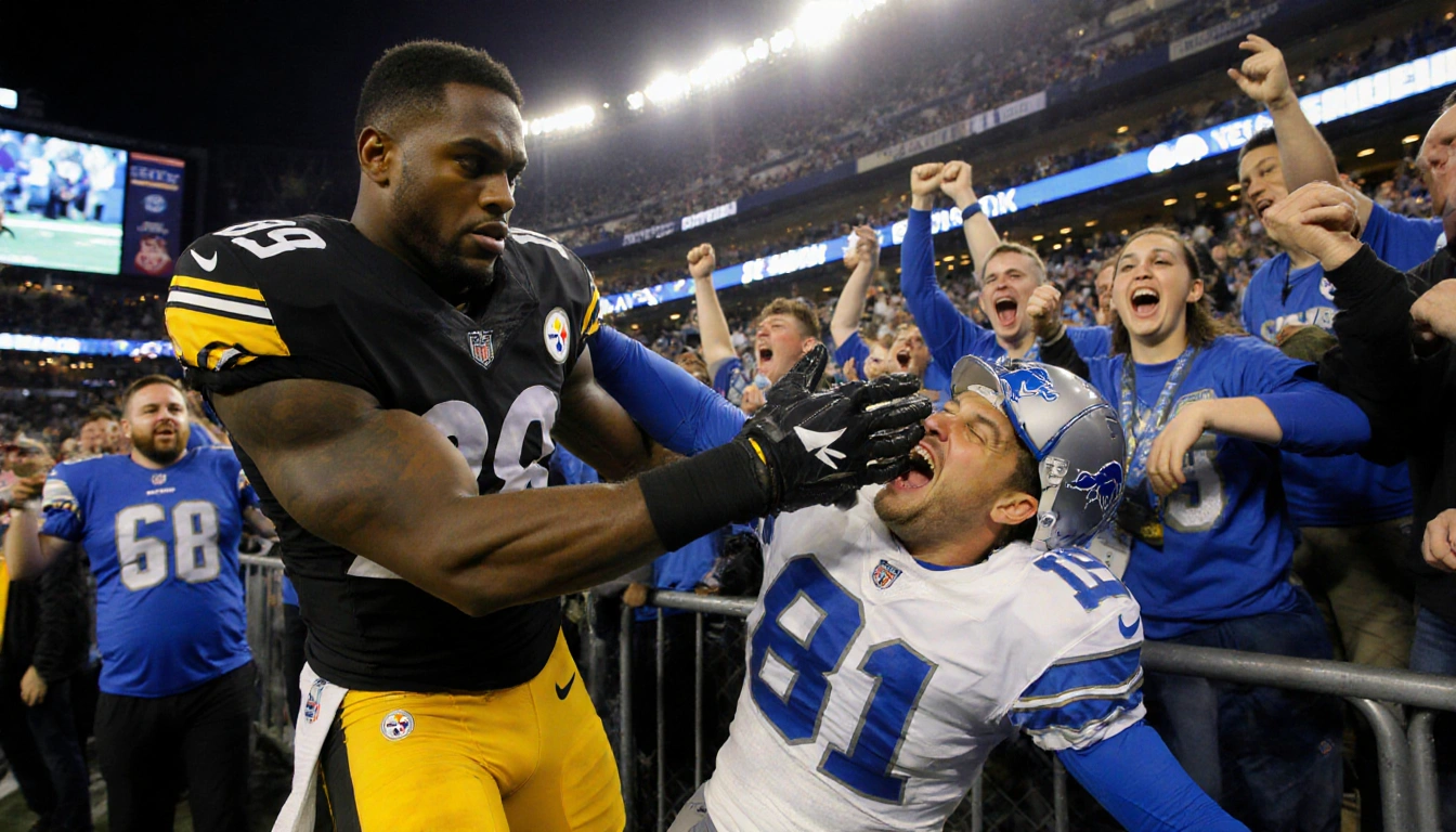 Metcalf reaching forward, hand touching Detroit Lions fan