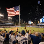 Jubilant Dodgers fans celebrating on field with giant flag above stadium and golden light filling Los Angeles skyline.