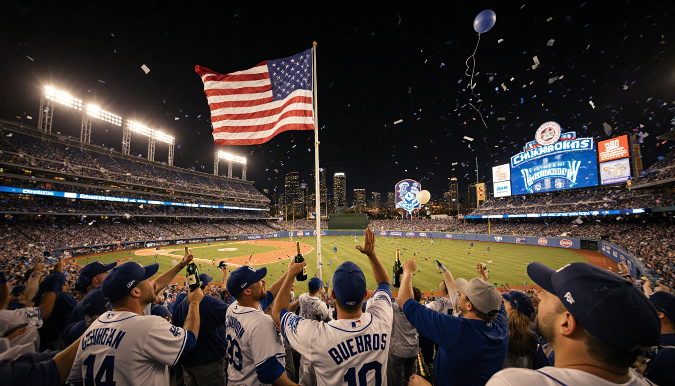 Jubilant Dodgers fans celebrating on field with giant flag above stadium and golden light filling Los Angeles skyline.