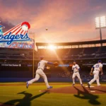 Marlins center fielder sprinting to catch a ball with sunset baseball field and Dodger Stadium sign in background