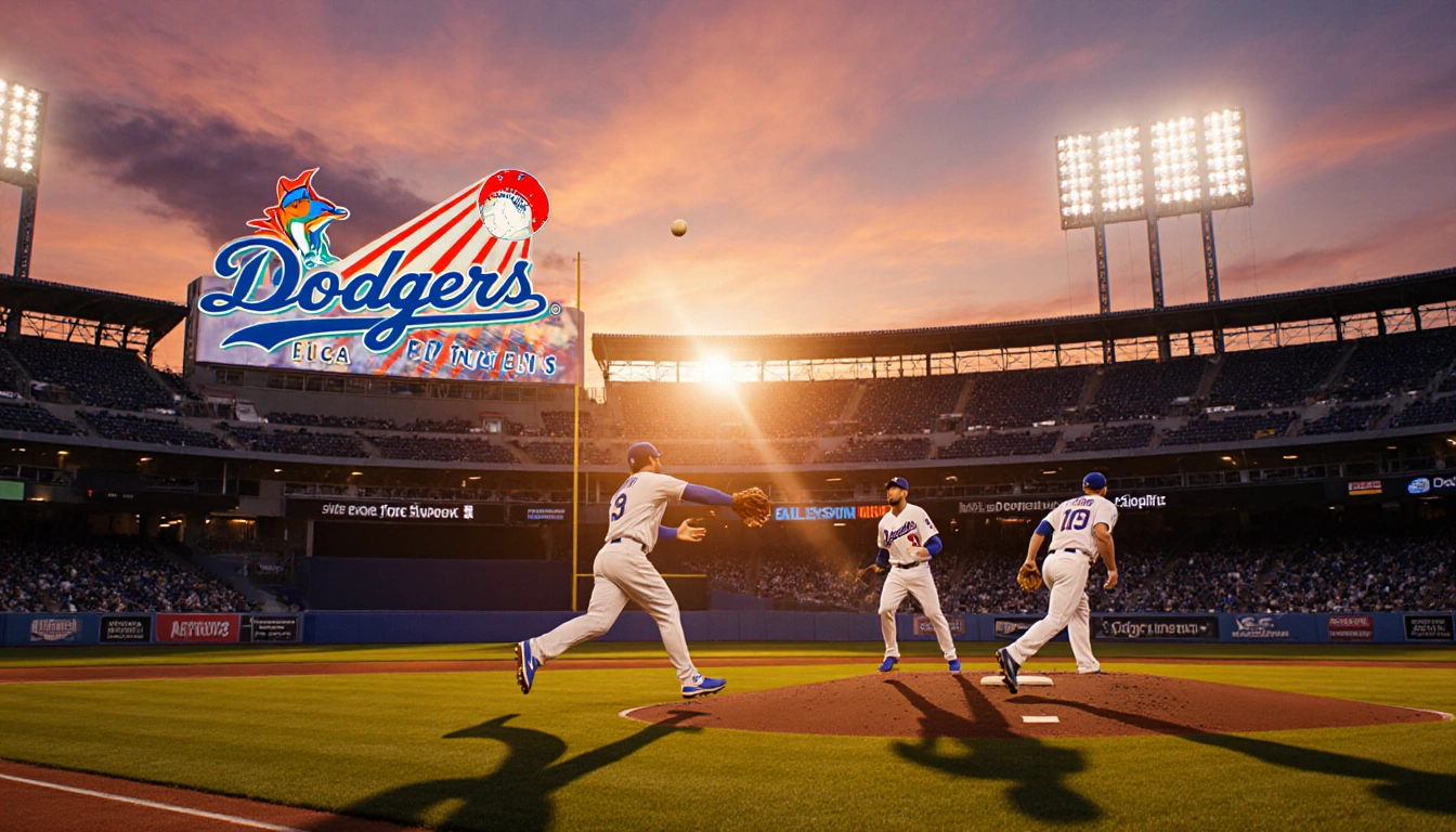 Marlins center fielder sprinting to catch a ball with sunset baseball field and Dodger Stadium sign in background