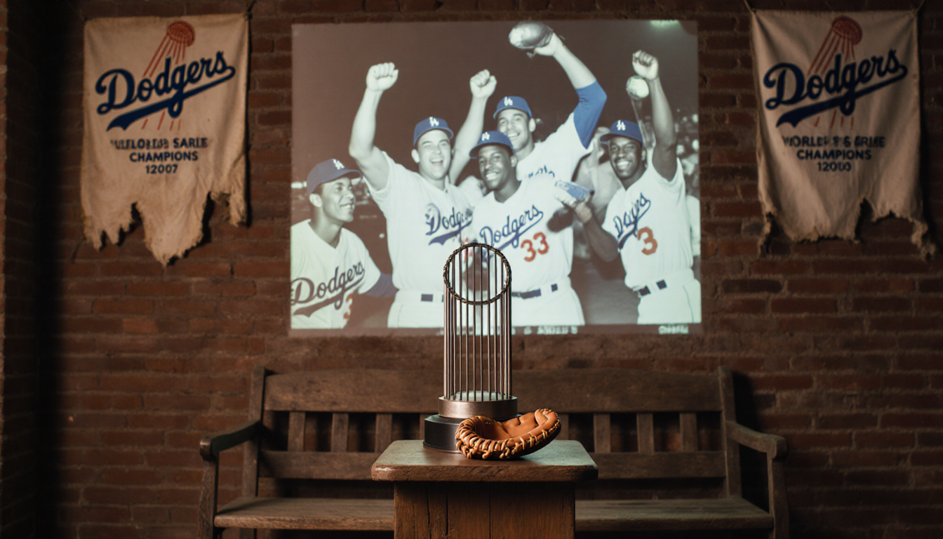 Baseball glove sits open on pedestal with World Series trophy beside it and Dodgers celebration projected onto wall.