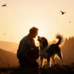 Man kneeling to hug dog with wagging tail as sunset bathes hills in golden light