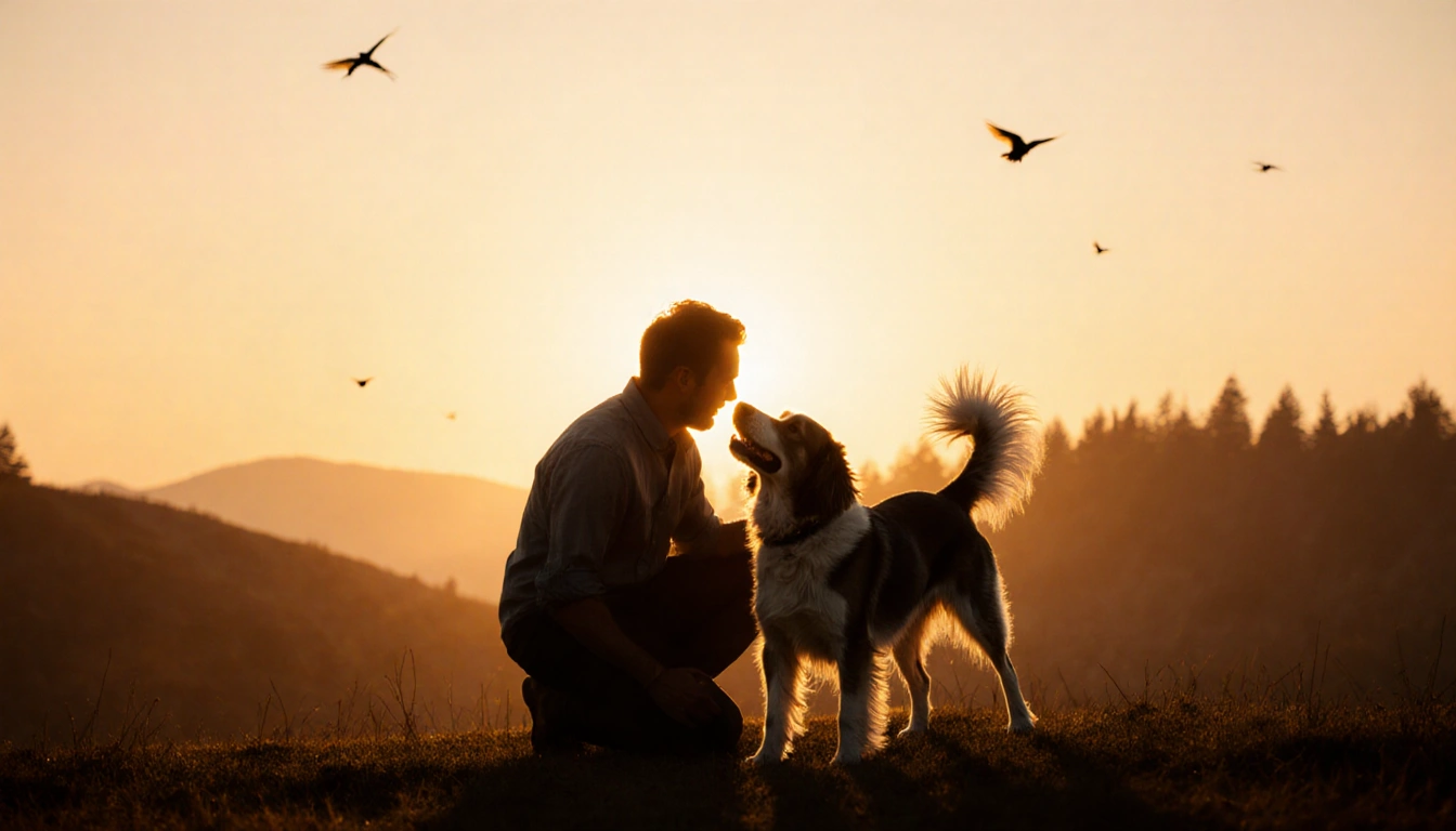 Man kneeling to hug dog with wagging tail as sunset bathes hills in golden light