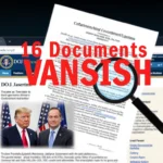 Computer screen shows DOJ homepage with bold red 16 Documents Vanish and overlay of Trump and Epstein on blurred document