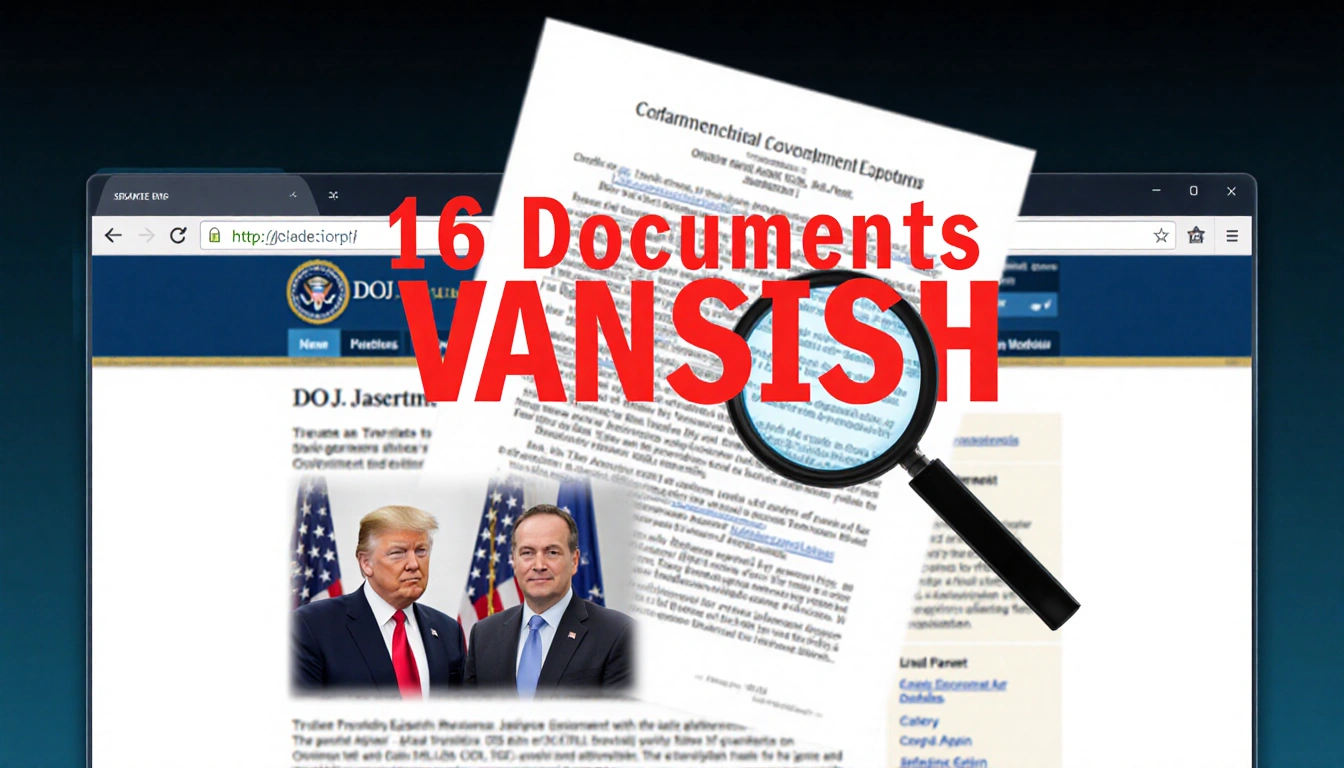 Computer screen shows DOJ homepage with bold red 16 Documents Vanish and overlay of Trump and Epstein on blurred document